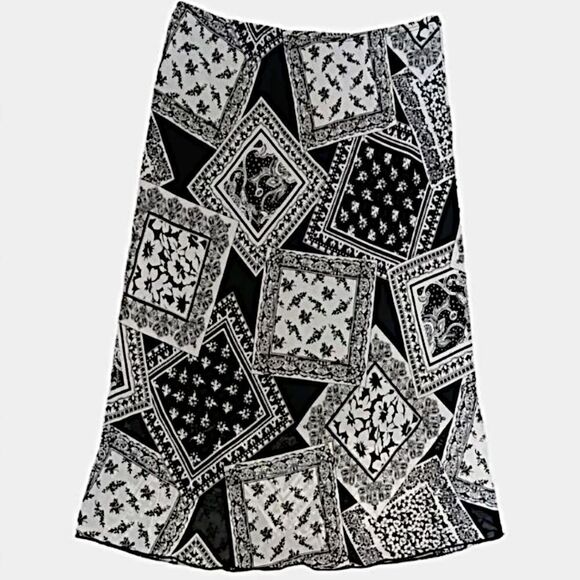 Vtg 90s Patchwork Print Midi Skirt S Lettuce Hem Sheer Overlay Bohemian Grunge.  - Picture 7 of 16